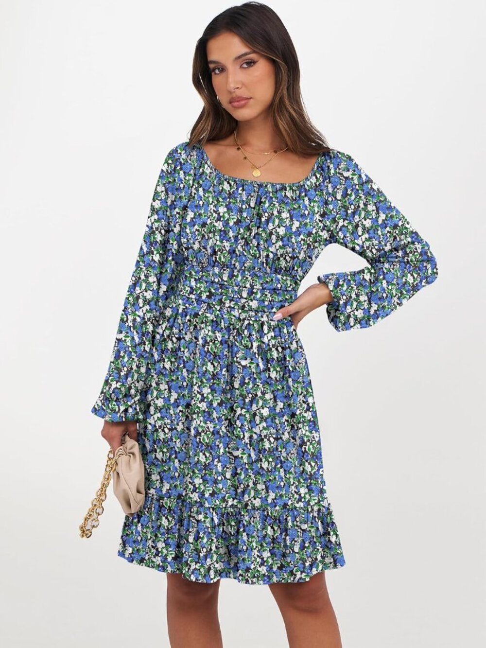 Women's Blue Black Long Lantern Sleeve Ruffle Flowy Swing A-Line Short Dress - Picture 3 of 6